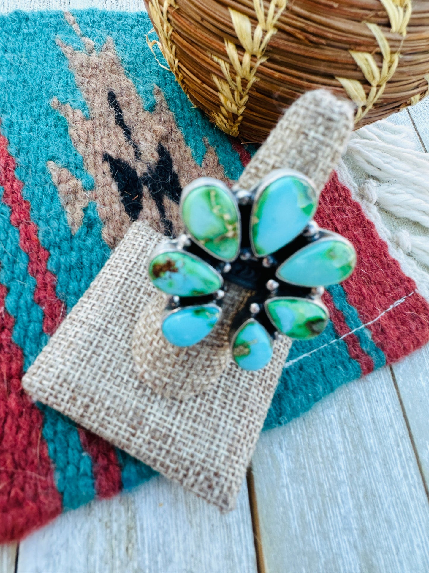 Hand Crafted Sonoran Mountain Turquoise & Sterling Silver Adjustable Naja Ring by Russell Sam