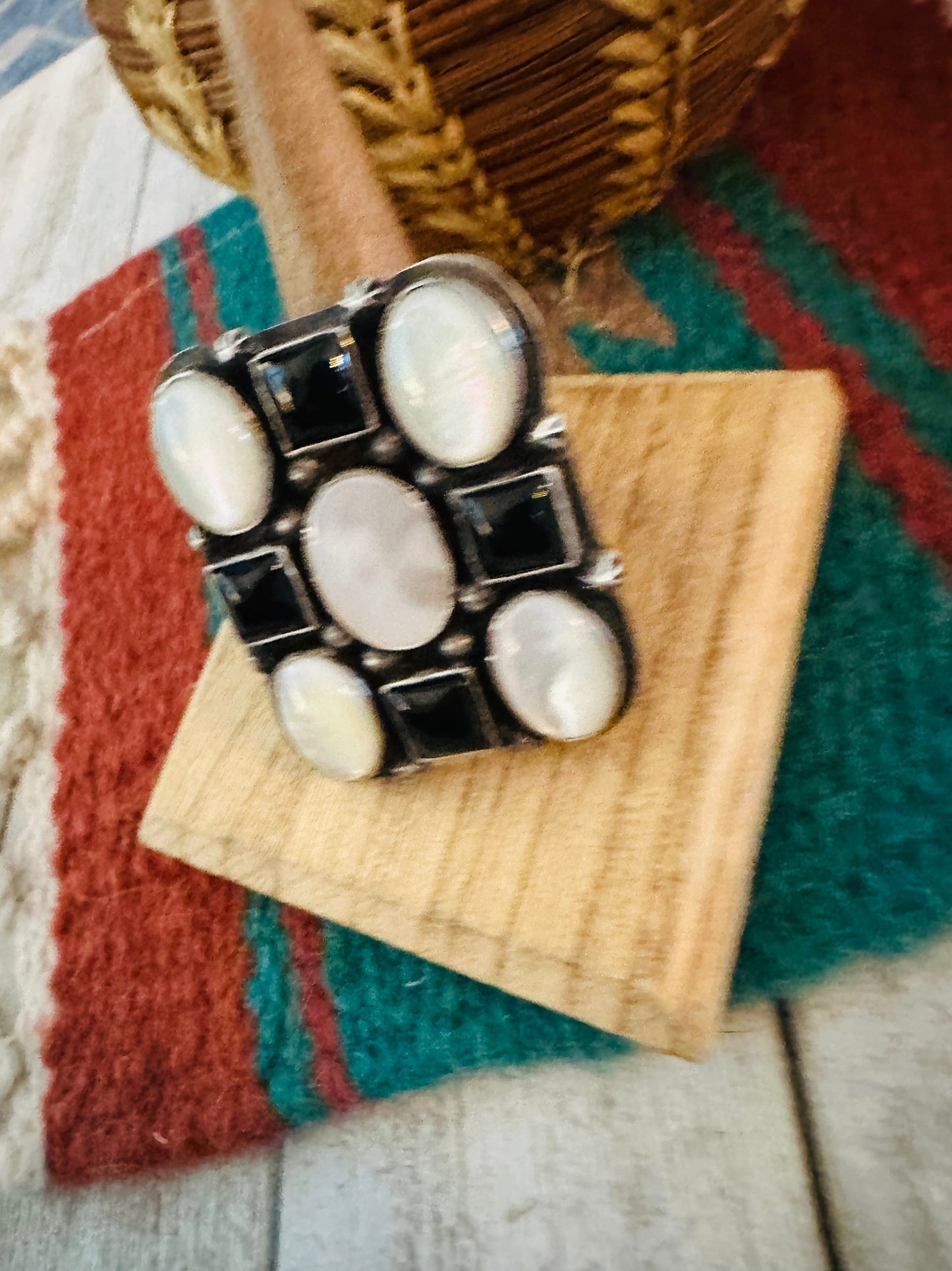 Handcrafted Sterling Silver, Onyx & Mother of Pearl Cluster Adjustable Ring by Charles Johnson