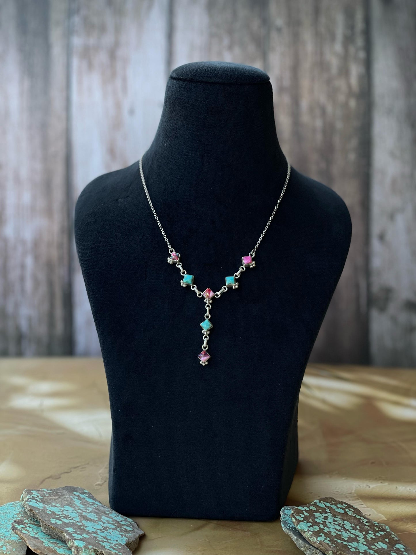 Handmade Sterling Silver, Turquoise & Pink Dream Mojave Drop Necklace is