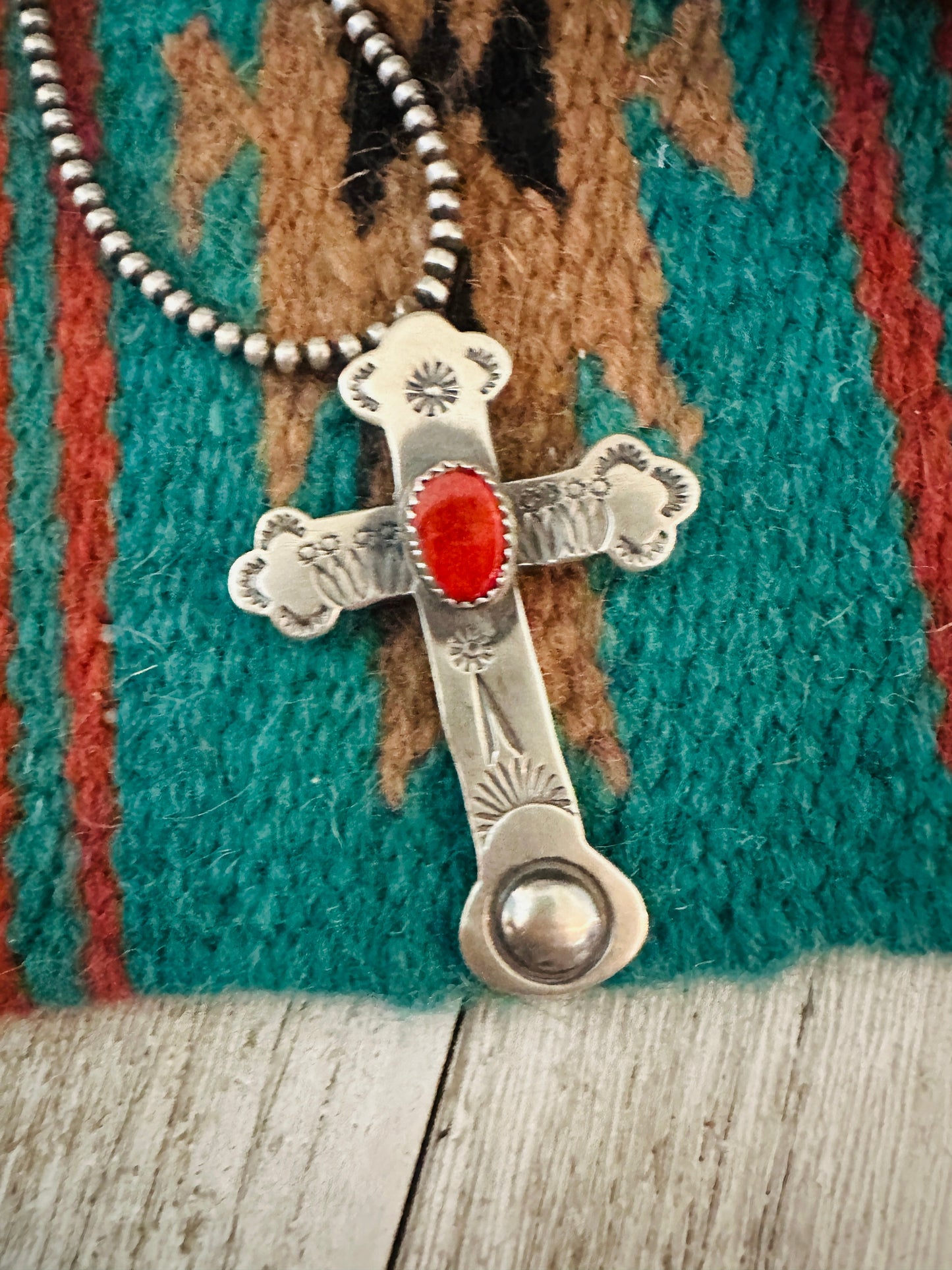 Handcrafted Red Spiny & Sterling Silver Cross Pendant