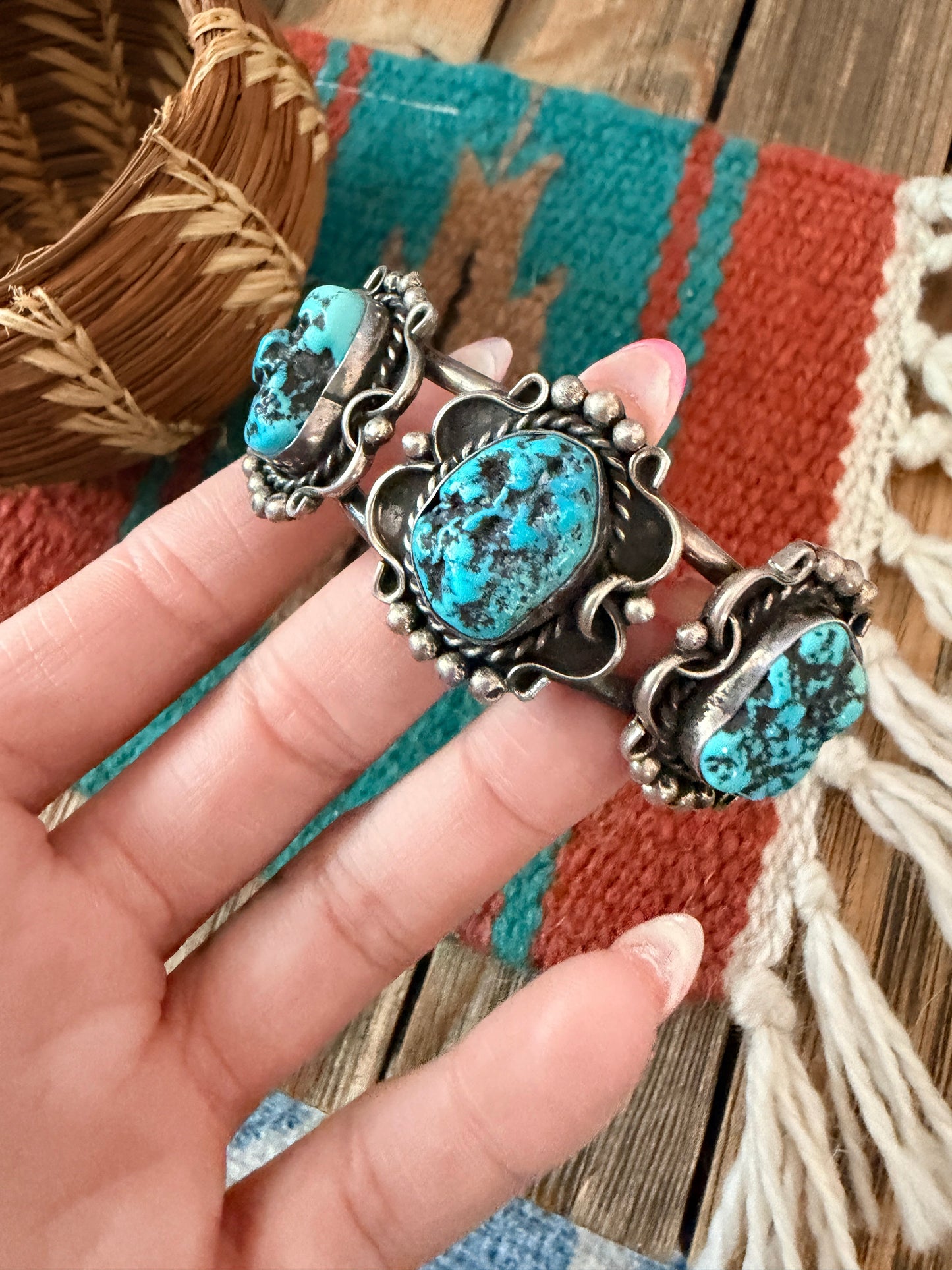 Handcrafted Old Pawn Sterling Silver & Kingman Turquoise Cuff Bracelet