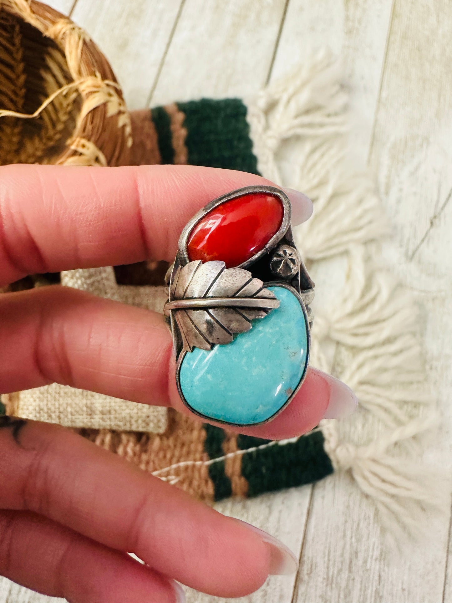 Old Pawn Handcrafted Turquoise, Coral & Sterling Silver Ring Size 10