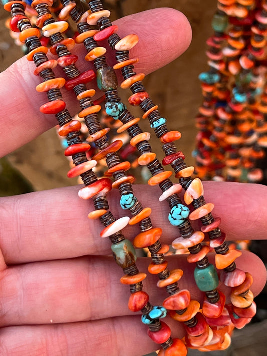 Gorgeous Handcrafted Made Eight Strand Spiny Oyster and Turquoise Beaded Squaw Wrap Necklace