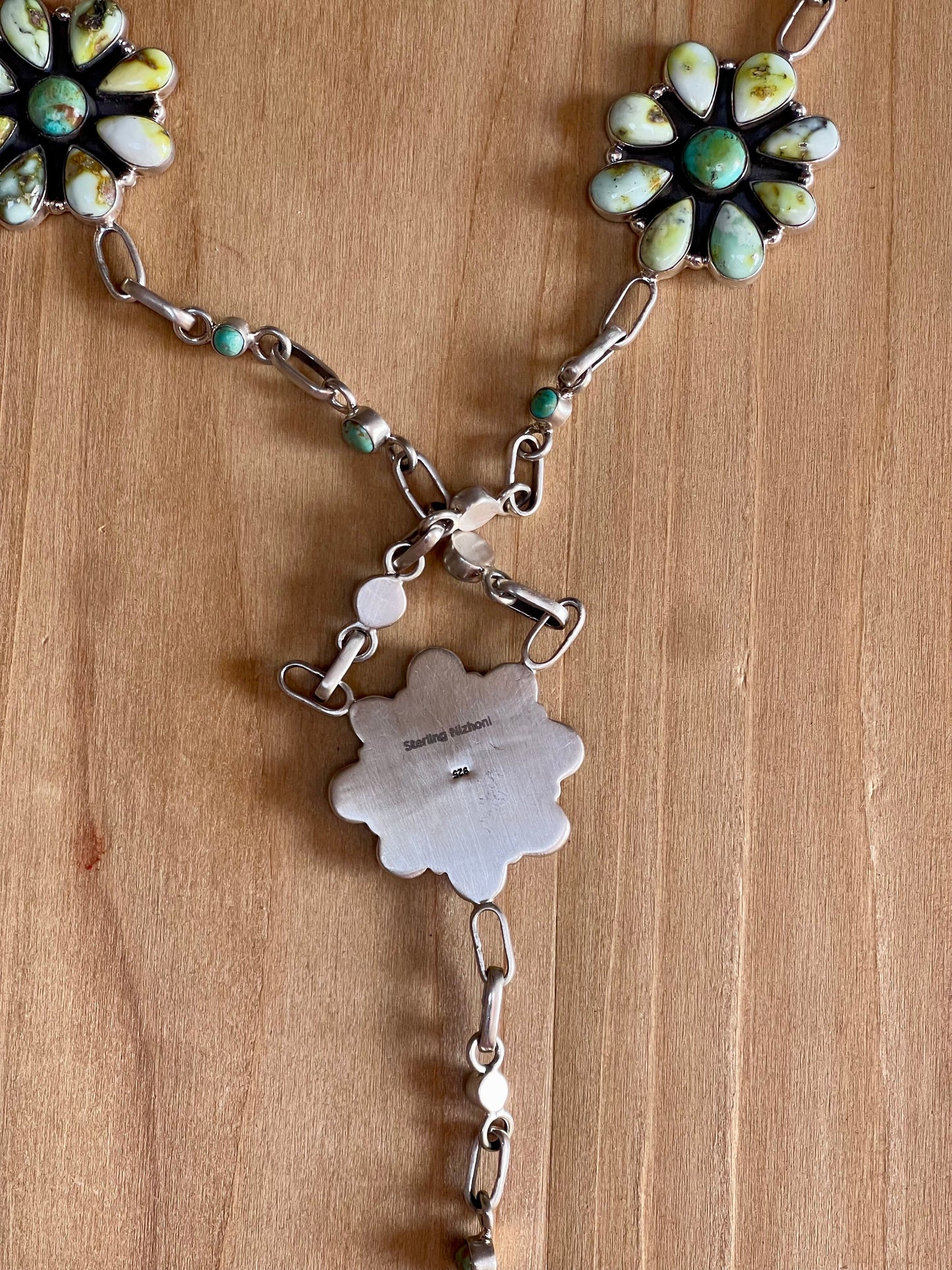 Handmade Sterling Silver & Palomino And Kingman Turquoise Cluster Lariat Necklace