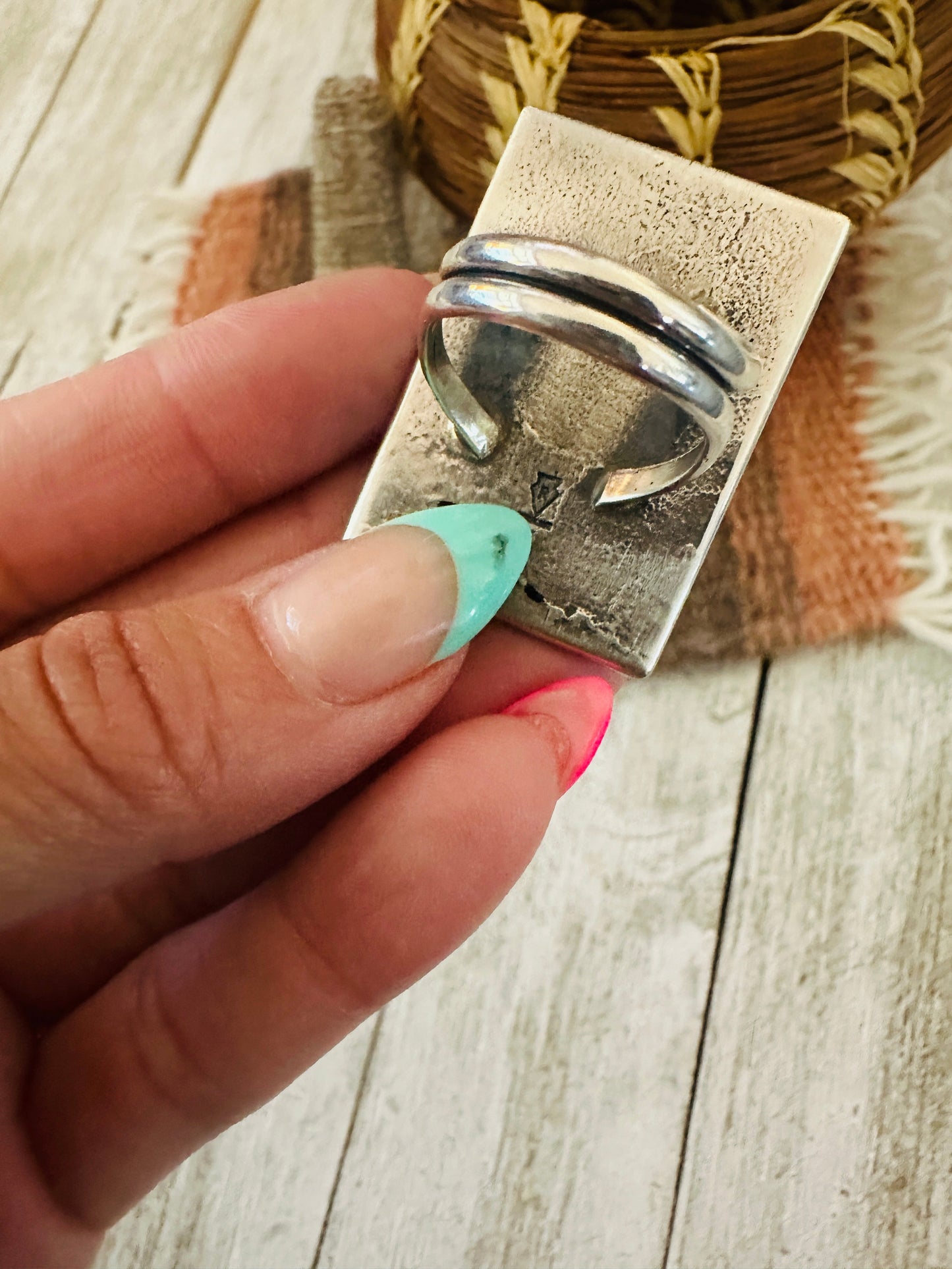 Handcrafted Sterling Silver & Studded Flower Turquoise Ring Size 8
