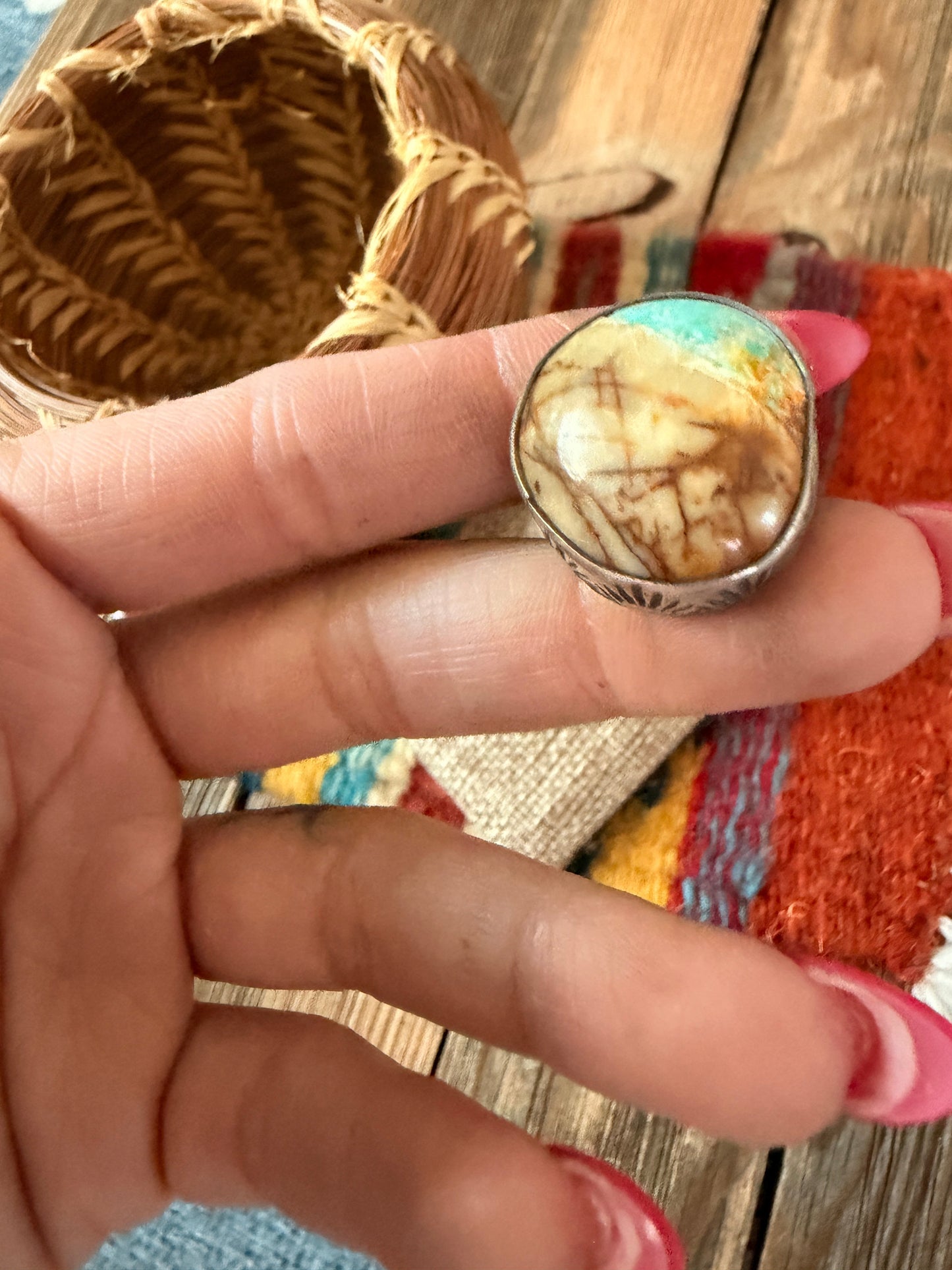 Handcrafted Ribbon Turquoise & Sterling Silver Ring Size 7.5