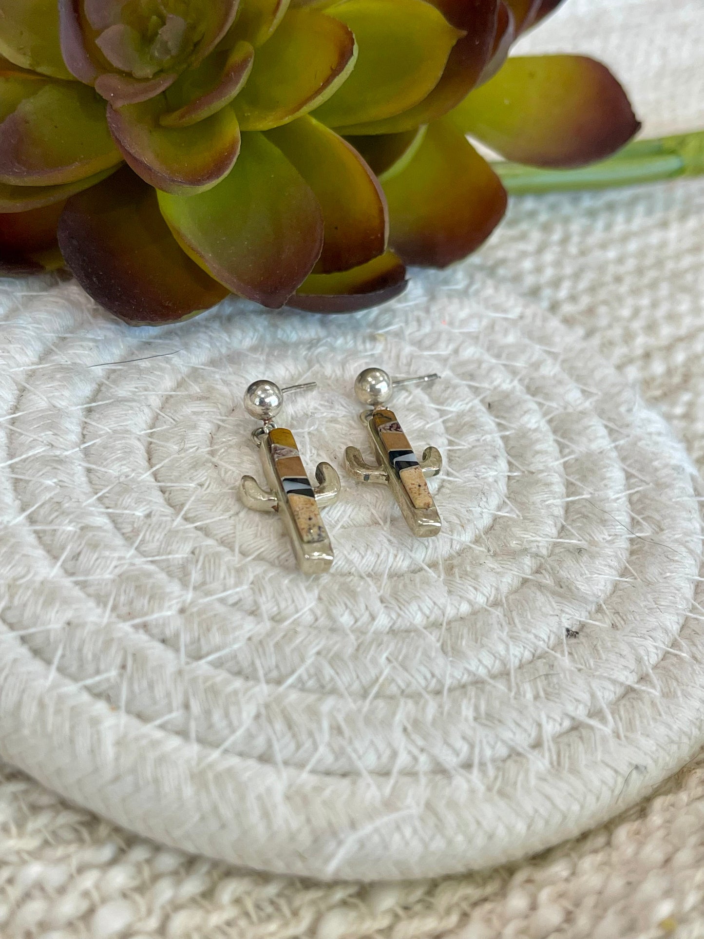 Old Pawn Sterling Silver & Multi Stone Cactus Post Dangle Earrings