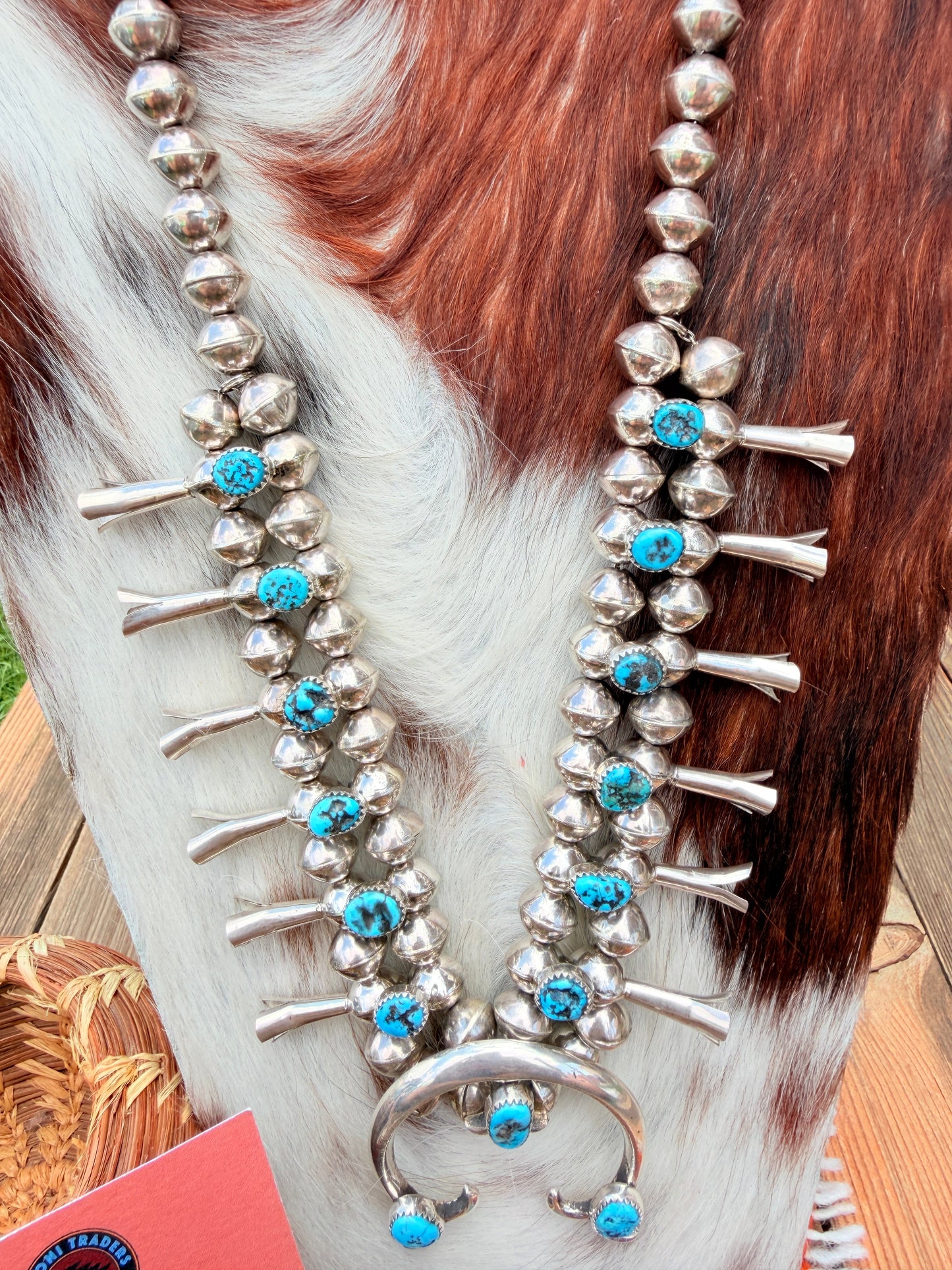 Handcrafted Sterling Silver & Kingman Turquoise Squash Blossom Necklace Set
