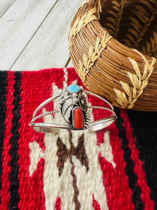 Handcrafted Turquoise, Coral & Sterling Silver Cuff Bracelet