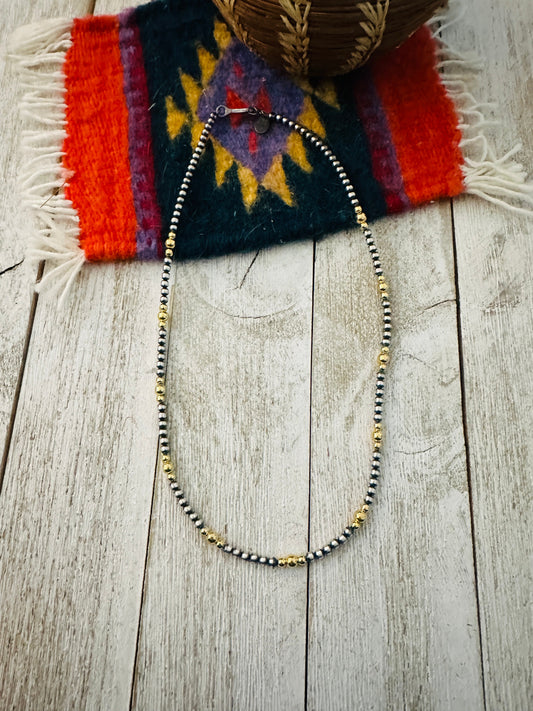 Handcrafted Sterling Silver & Gold Overlay 3-4 mm Beaded Necklace