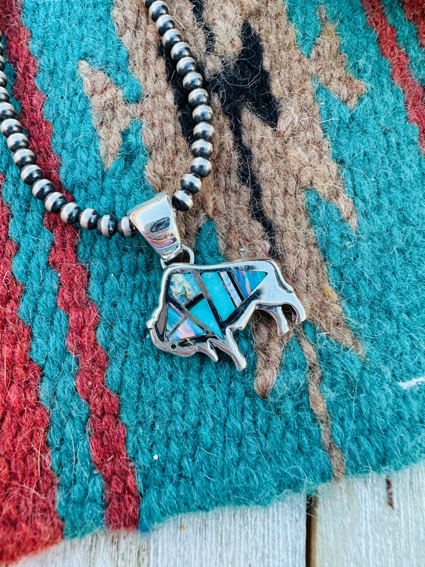 Handcrafted Sterling Silver, Turquoise and Opal Inlay Buffalo Pendant