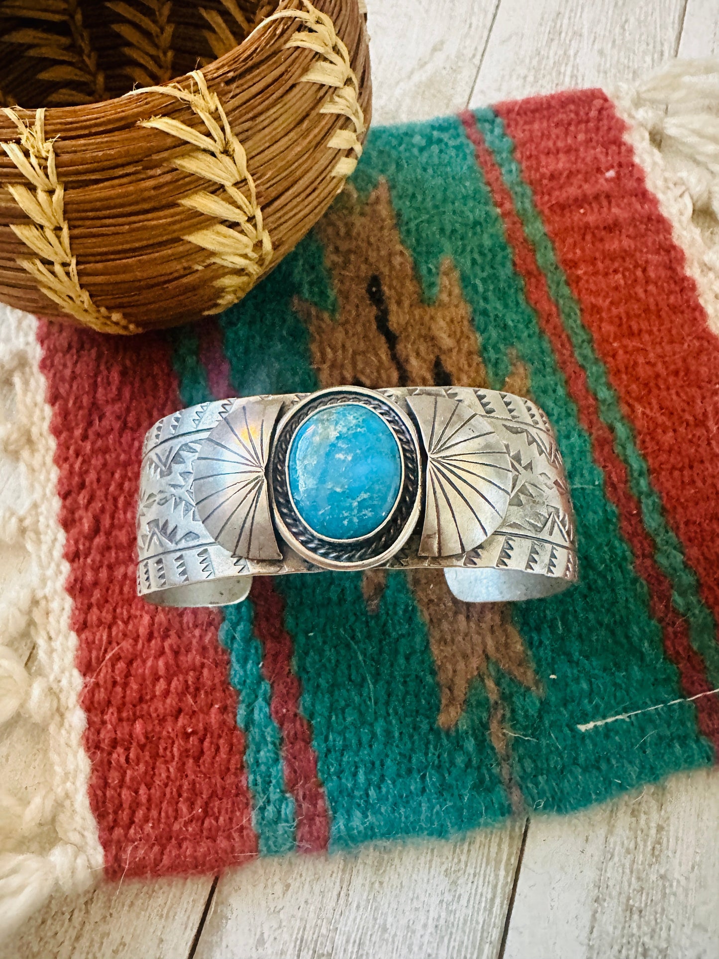 Handcrafted Hand Stamped Sterling Silver & Turquoise Cuff Bracelet