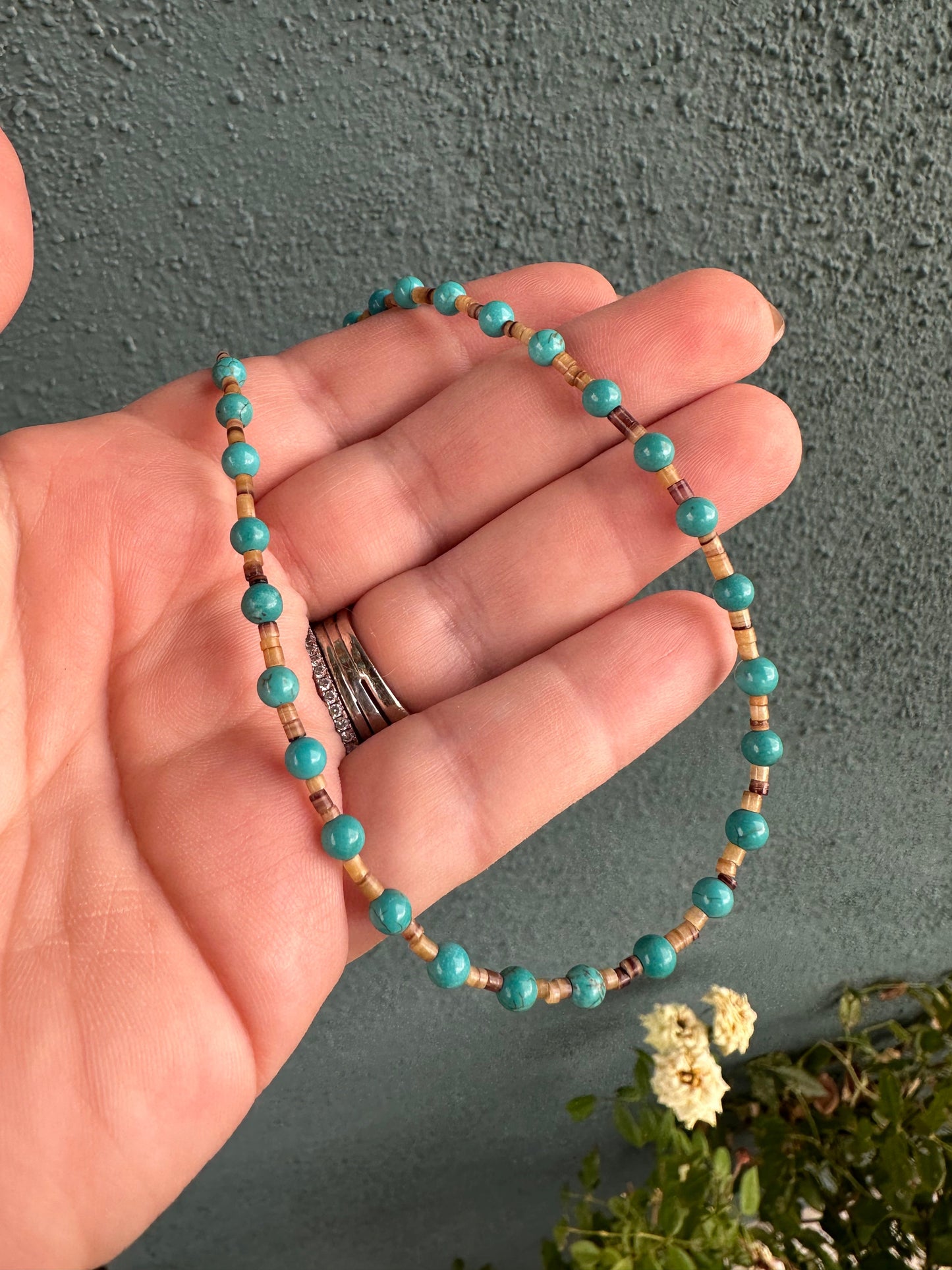 Handcrafted Turquoise And Heishi  Beaded Necklace 16”