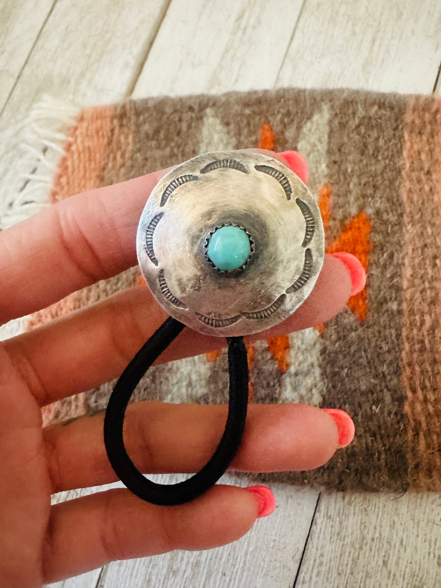 Turquoise & Sterling Silver Hand Stamped Hair Tie