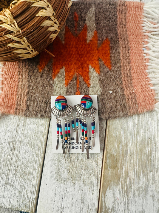 Handcrafted Sterling Silver & Multi Stone Inlay Dream Catcher Clip On Dangle Earrings