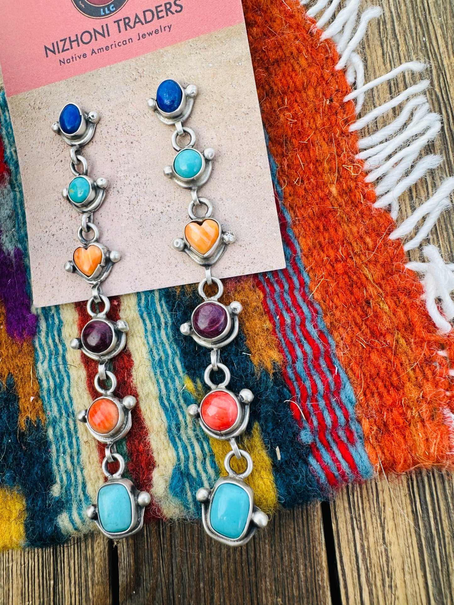 Handcrafted Multi Stone And Sterling Silver Heart Dangle Earrings by Juanita McDonald