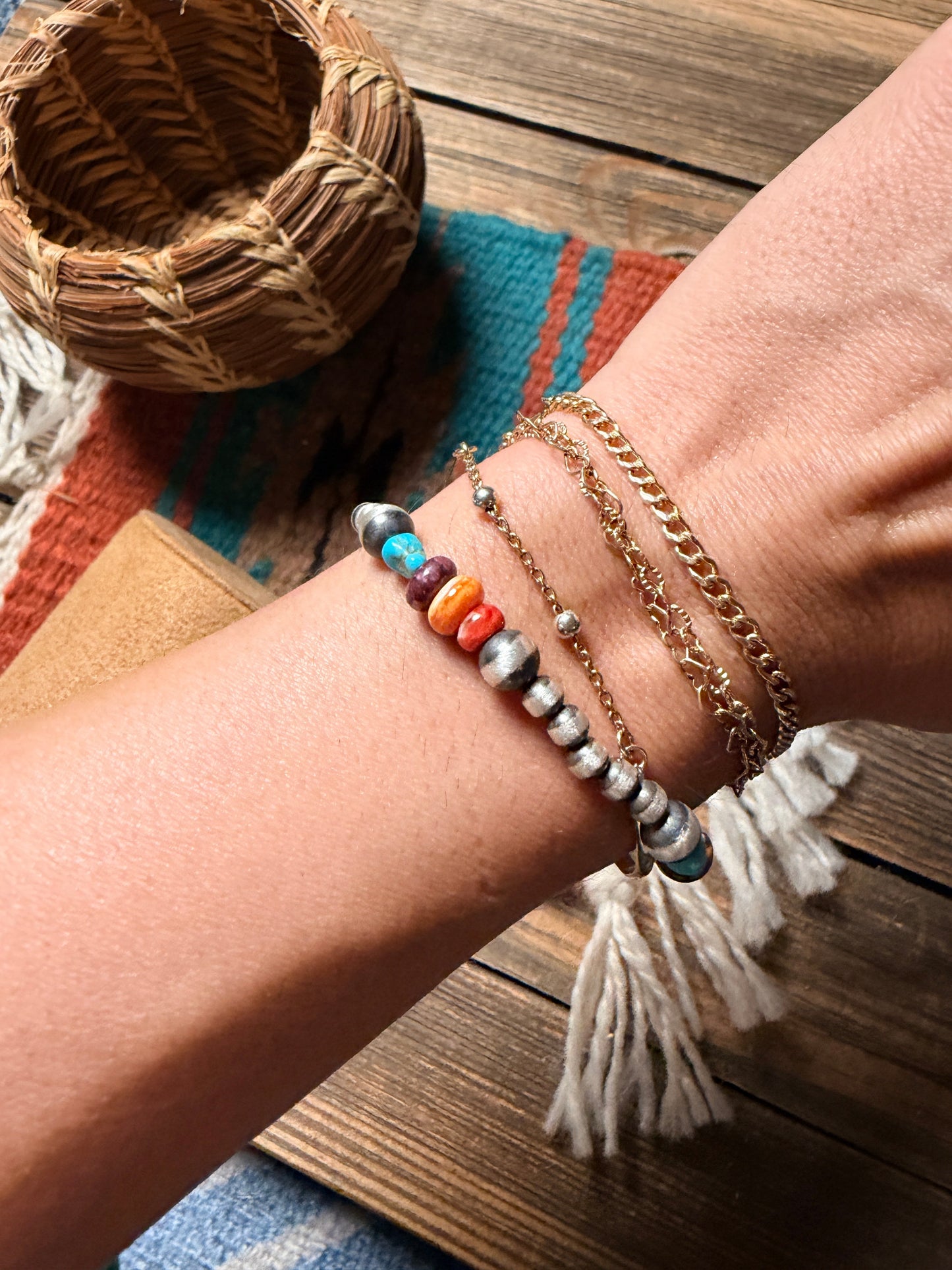 Handcrafted Spiny Oyster, Turquoise & Sterling Silver Beaded Stretch Bracelet