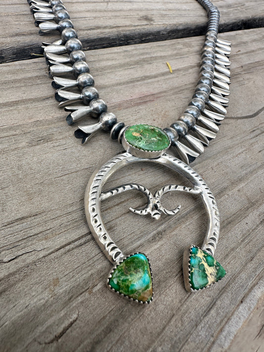 Beautiful Handmade Sterling Silver & Sonoran Mountain Turquoise Squash Blossom Necklace