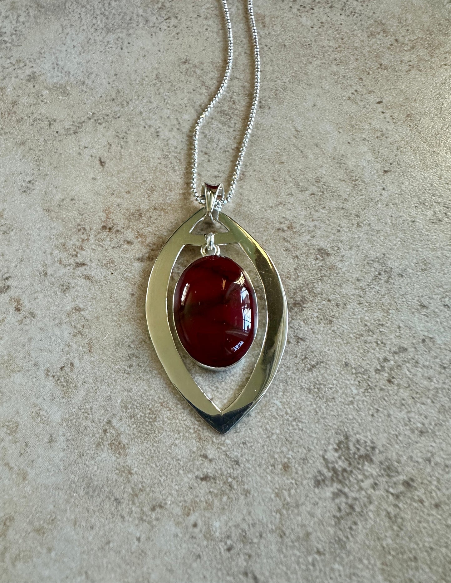 Red Jasper Oval in Elliptical Frame Sterling Silver Necklace