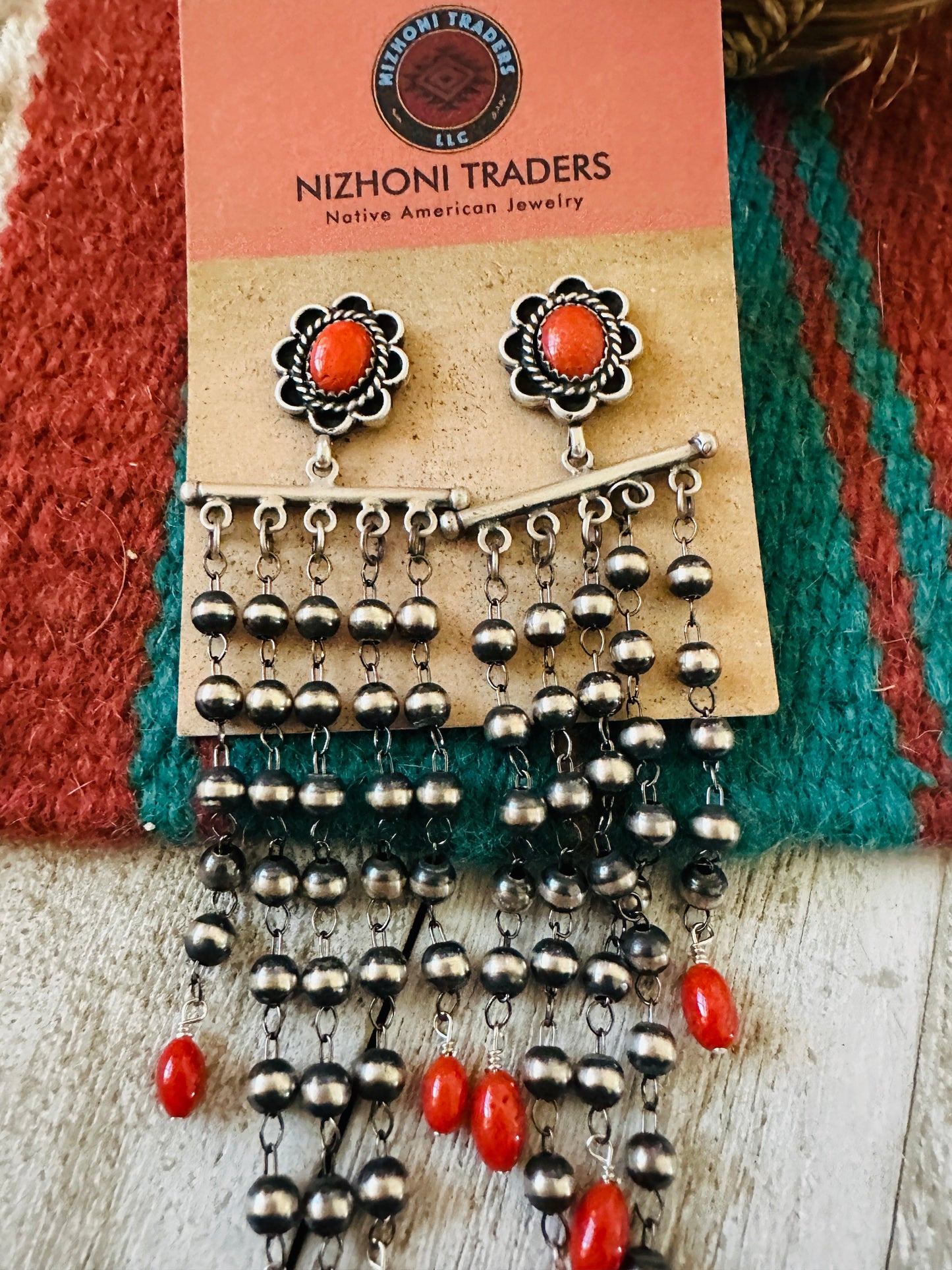 Handcrafted Coral  & Sterling Silver Pearl Beaded Tassel Dangle Earrings