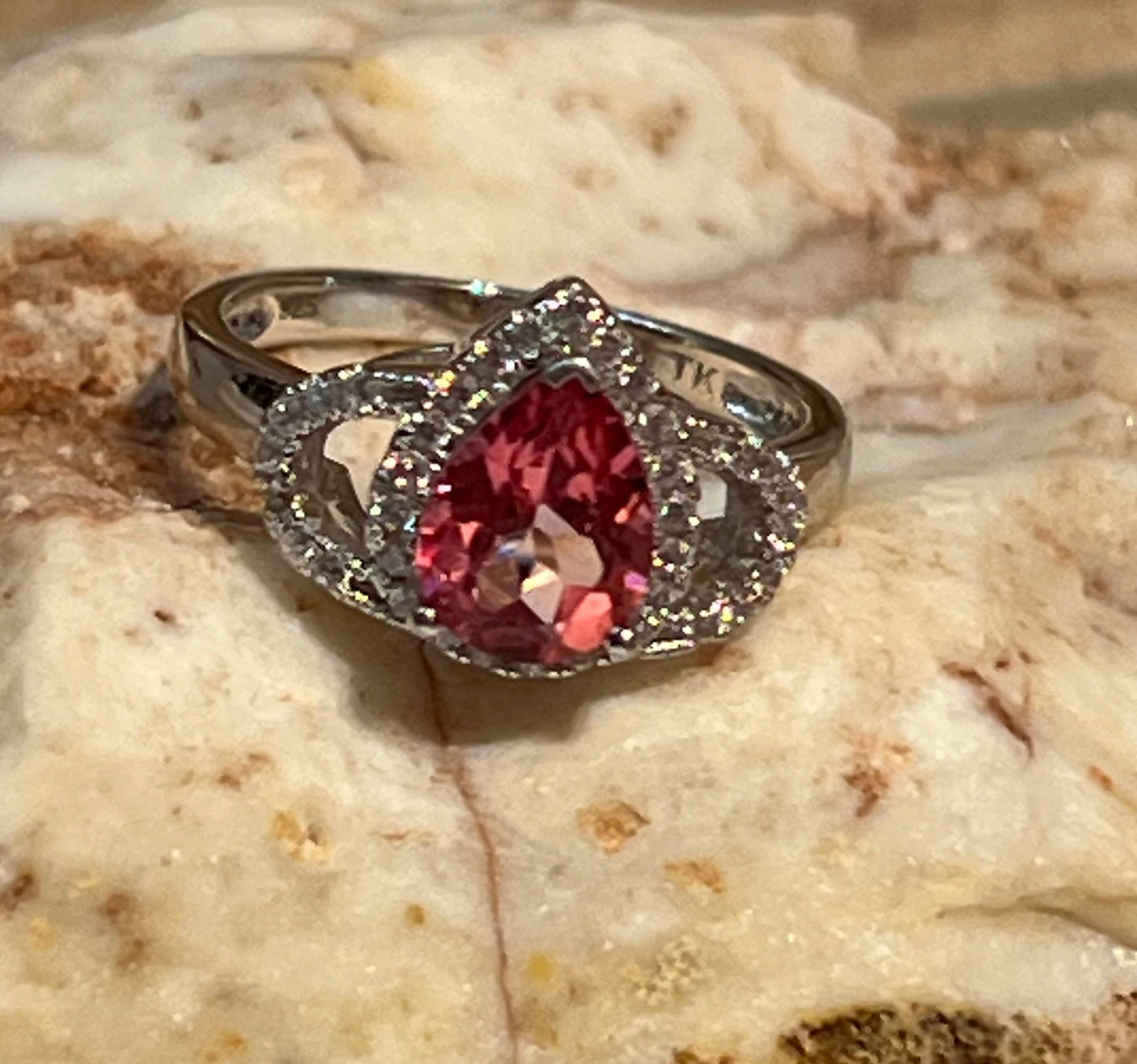 Pink Topaz & CZ Tear Drop Shape Sterling Silver Ring