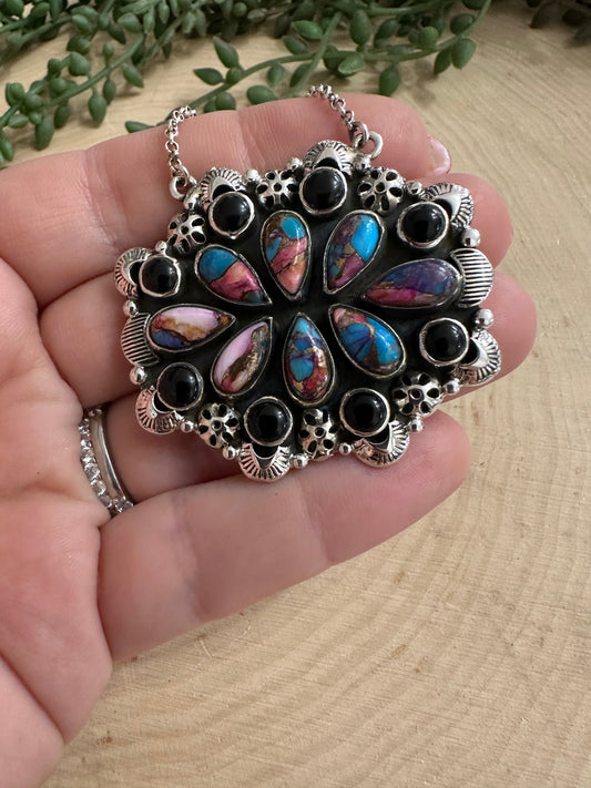 Beautiful Handmade Sterling Silver, Pink Dream Mojave & Onyx Cluster Necklace