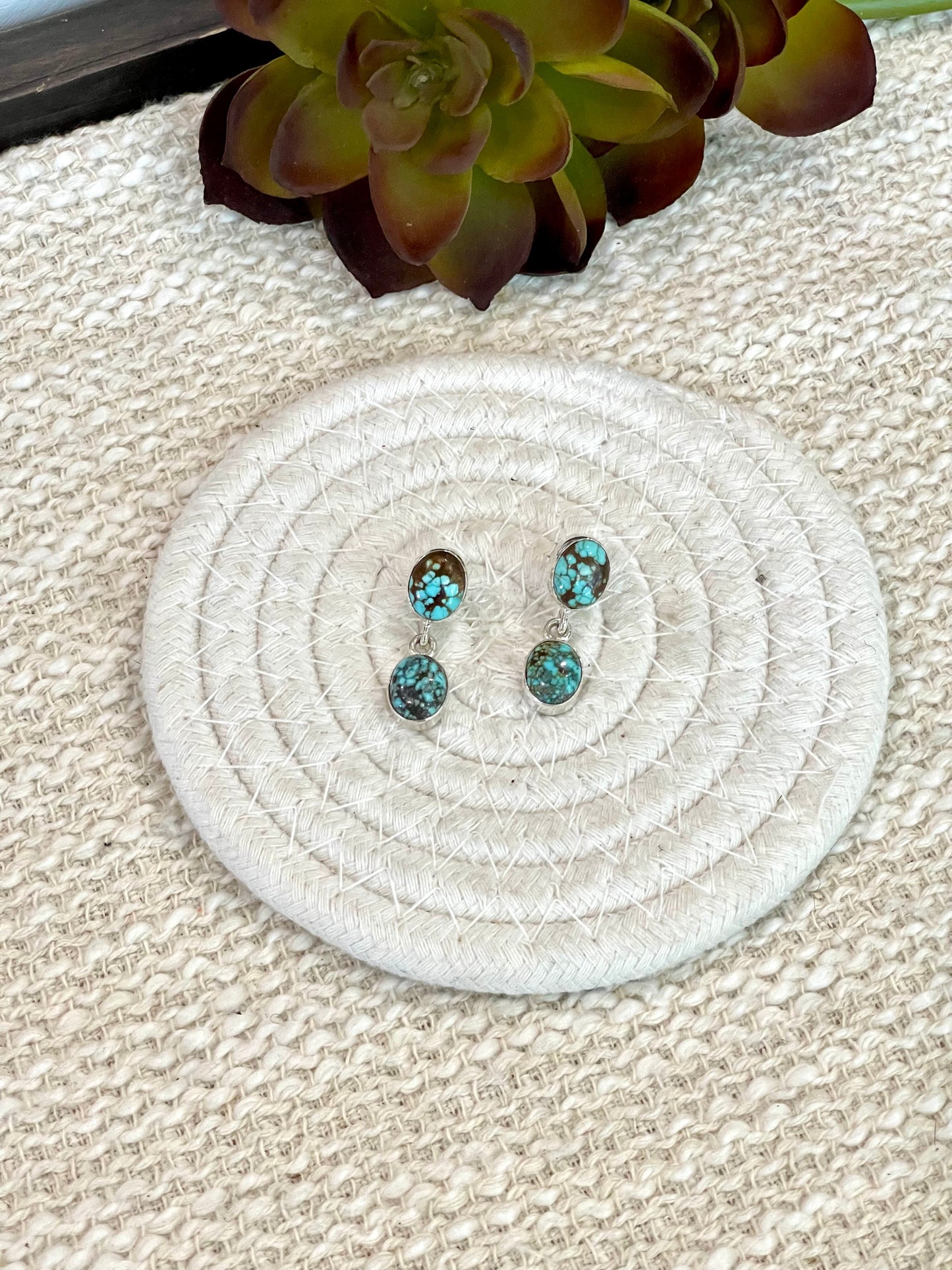 Handmade Sterling Silver Number 8 Turquoise Post Dangle Earrings with Signed Nizhoni