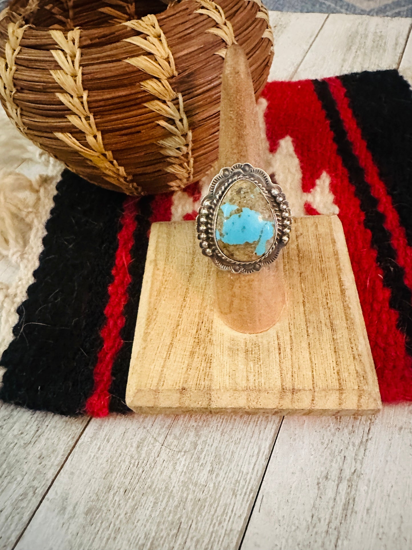 Handcrafted Sterling Silver & Number 8 Turquoise Ring Size 7