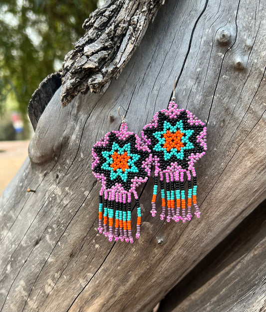 Handmade MultiColor Beaded Dangle Earrings (Purple, Turquoise, Orange)