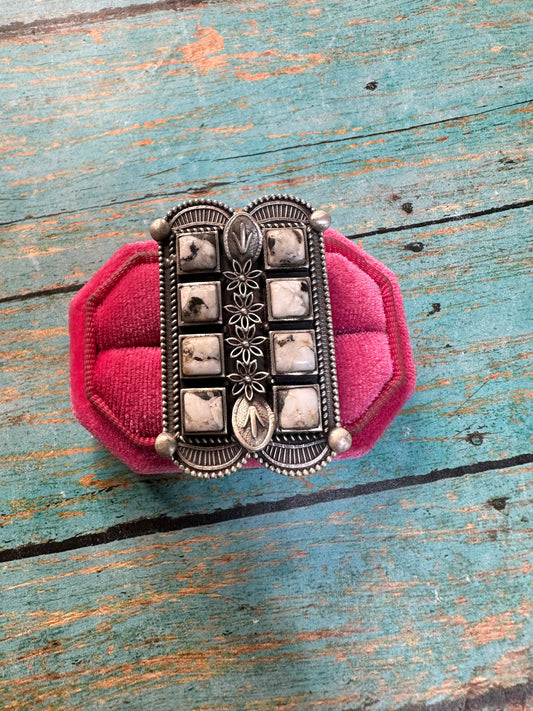 Handmade White Buffalo & Sterling Silver Adjustable Double Row Ring