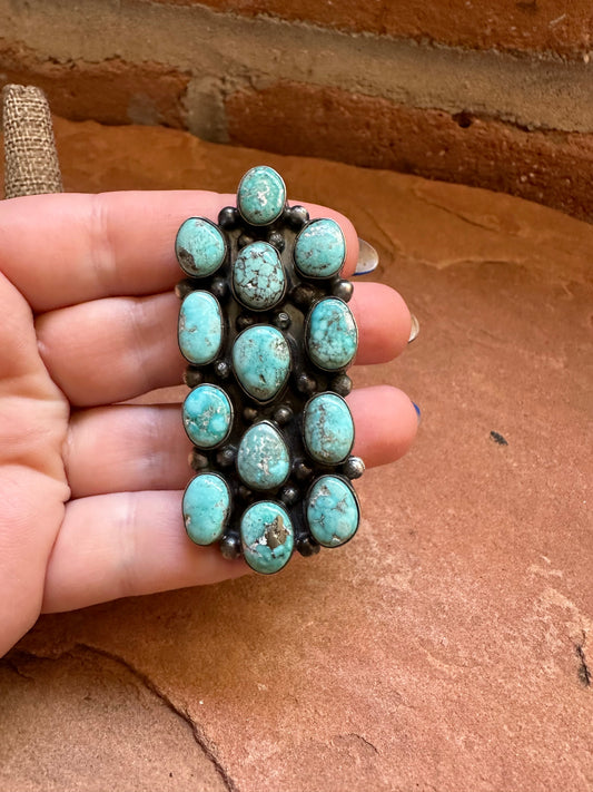 Handcrafted Turquoise & Sterling Silver 13 Stone Ring Signed Sheila