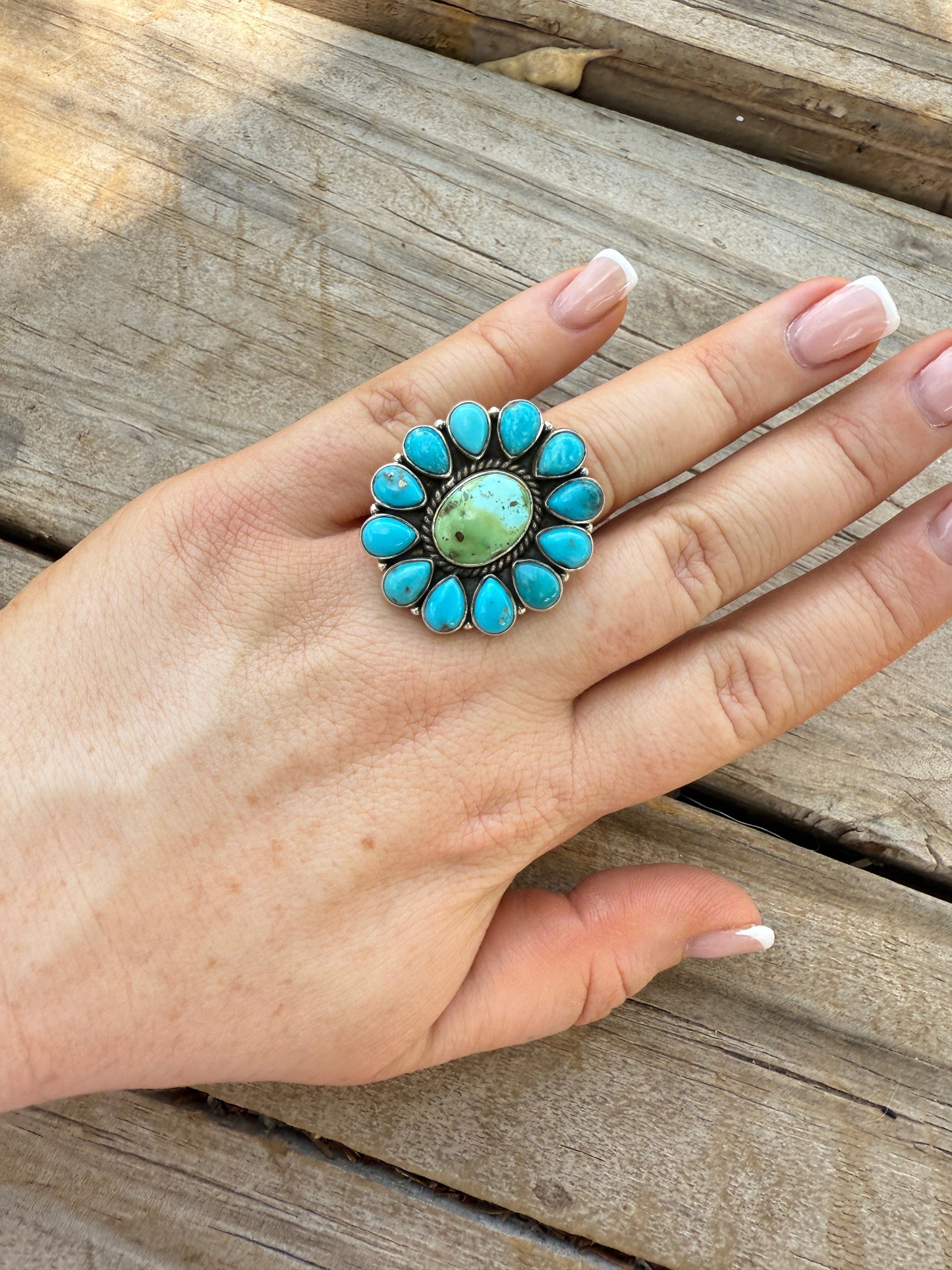 Handmade Sterling Silver Sonoran Mountain Turquoise, Blue Bird Turquoise Adjustable Ring with Signed Nizhoni