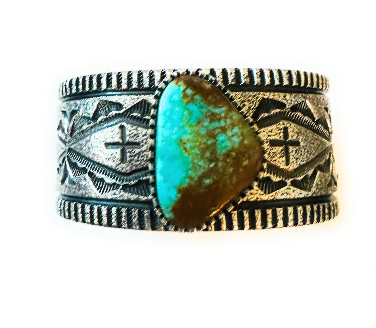 Navajo Royston Turquoise & Sterling Silver Tufa Cast Cuff Bracelet Signed