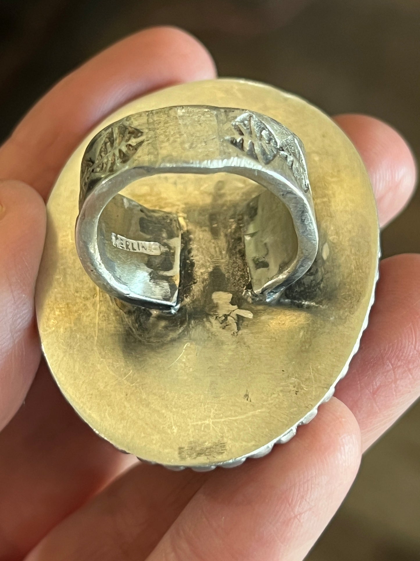 Vintage Sterling Silver and Wood Ring with Turquoise and Mother of Pearl Inlay Steer Head, Size 10.5