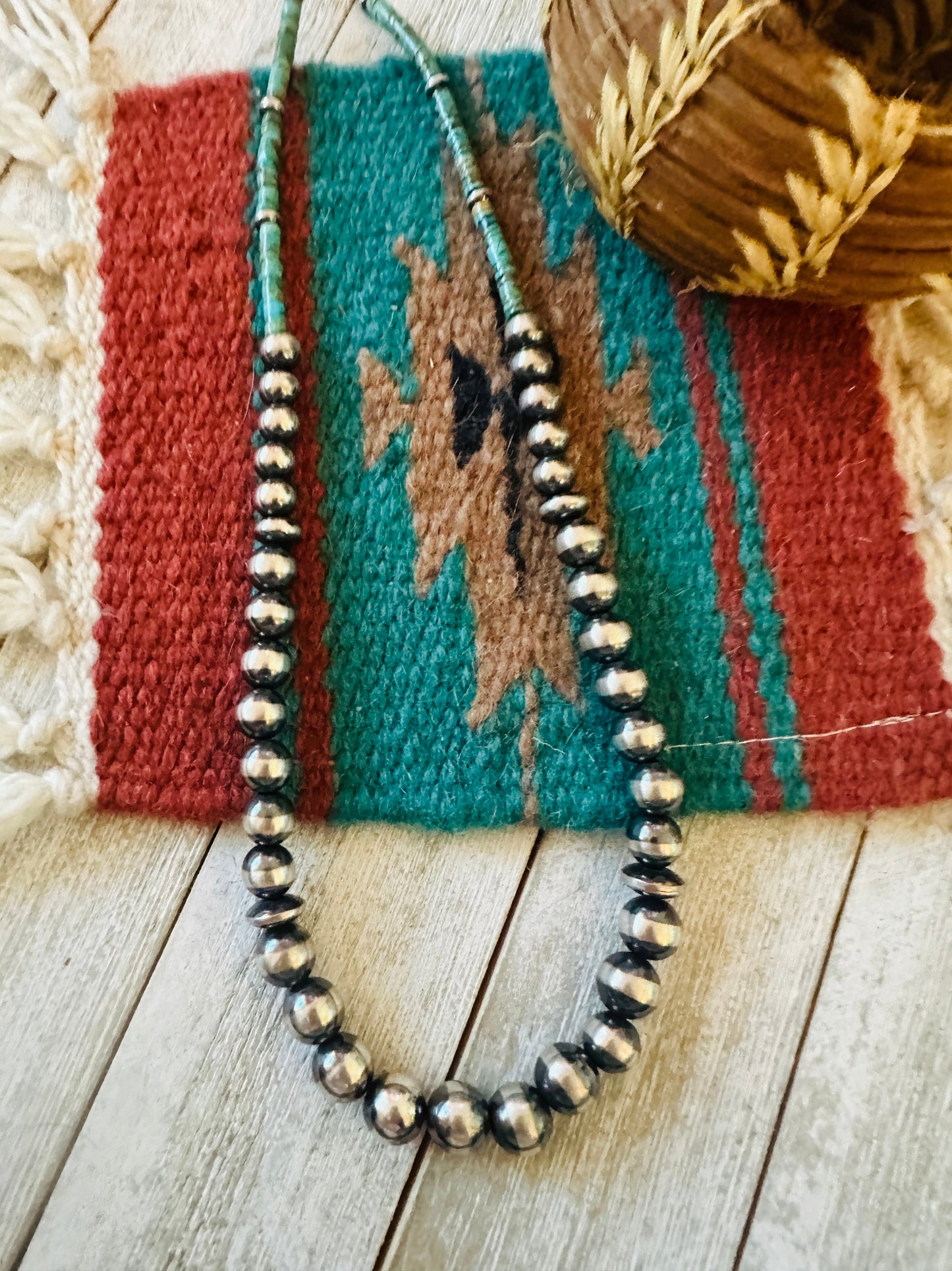 Handcrafted Turquoise & Sterling Silver Pearl 20” Beaded Necklace