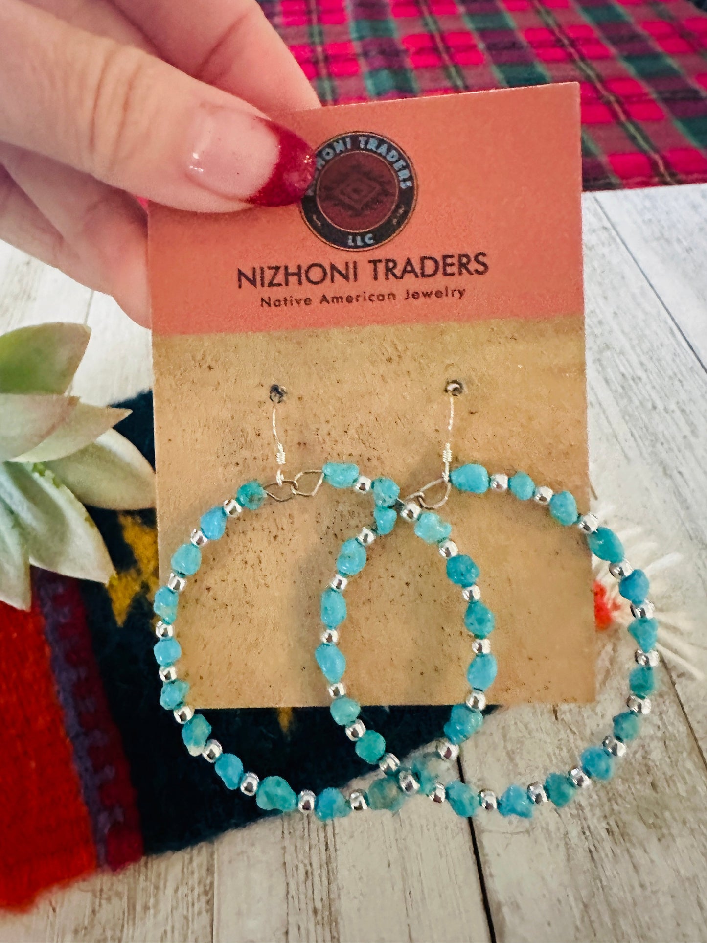 Navajo Turquoise & Sterling Silver Beaded Hoop Dangle Earrings
