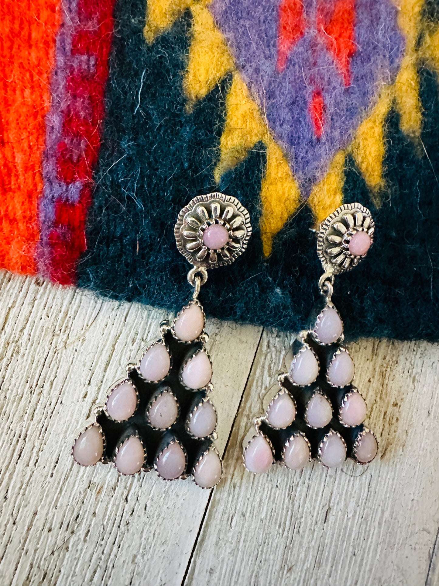 Handmade Pink Opal & Sterling Silver Triangle Dangle Earrings Signed Nizhoni