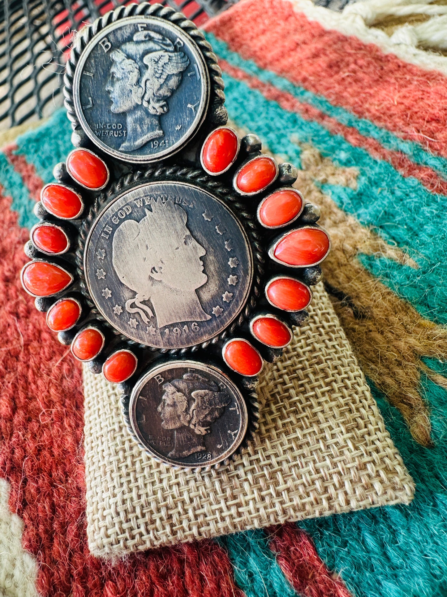 Handcrafted Sterling Silver & Coral Coin Ring Size 9