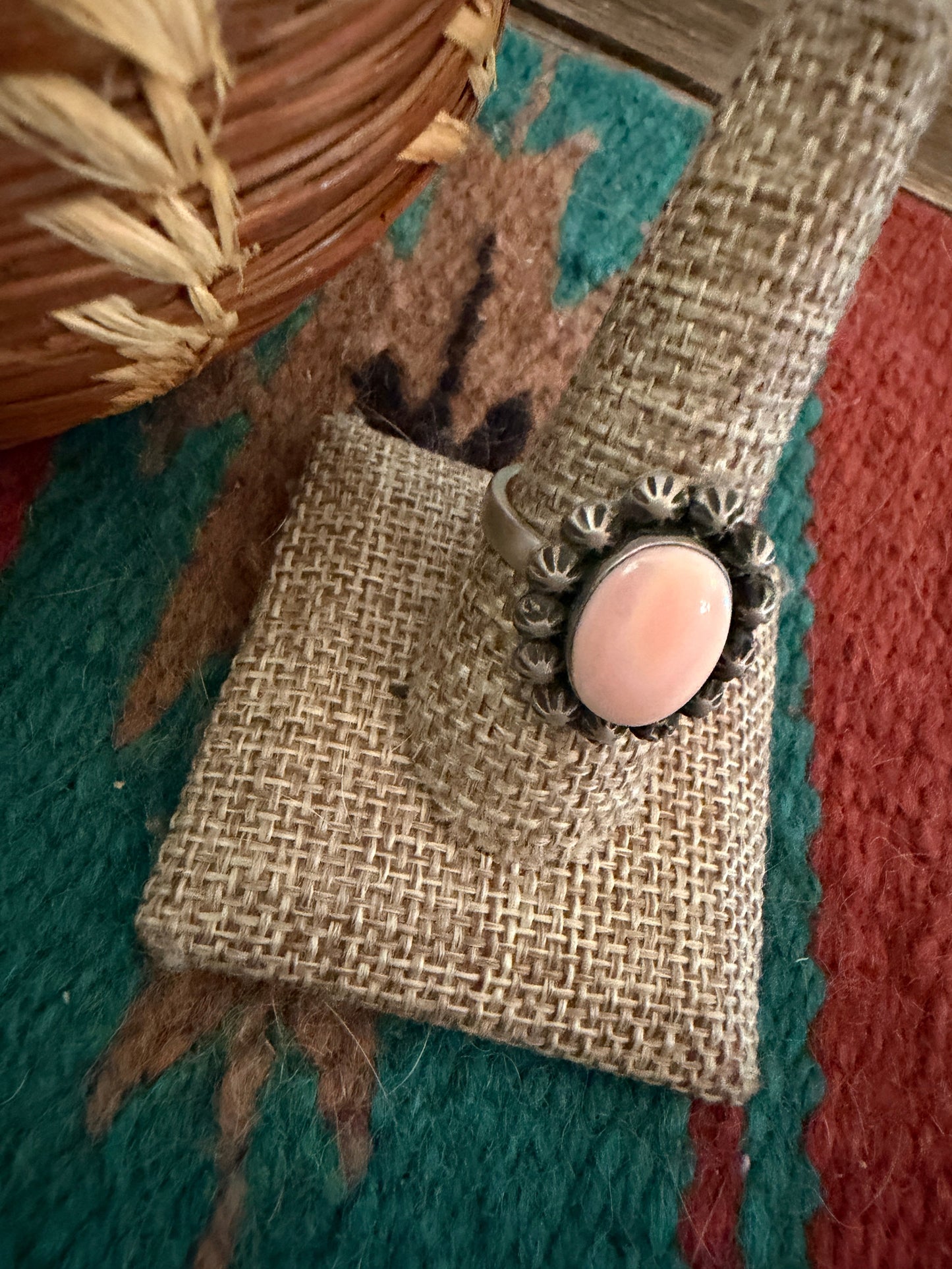 Handcrafted Queen Pink Conch & Sterling Silver Adjustable Ring