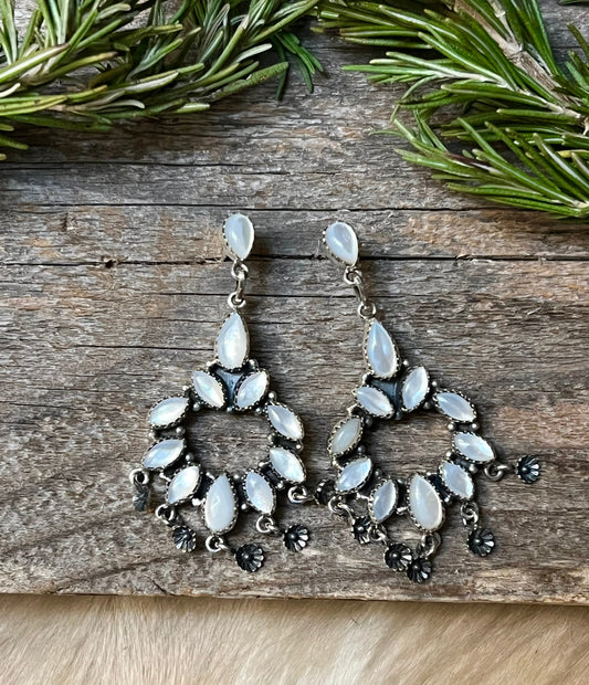 Handmade Mother Of Pearl Marquise Sterling Silver Dangle Earrings