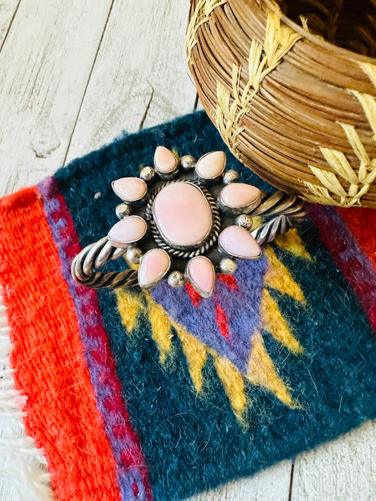 Handcrafted Queen Pink Conch Shell & Sterling Silver Cluster Cuff Bracelet