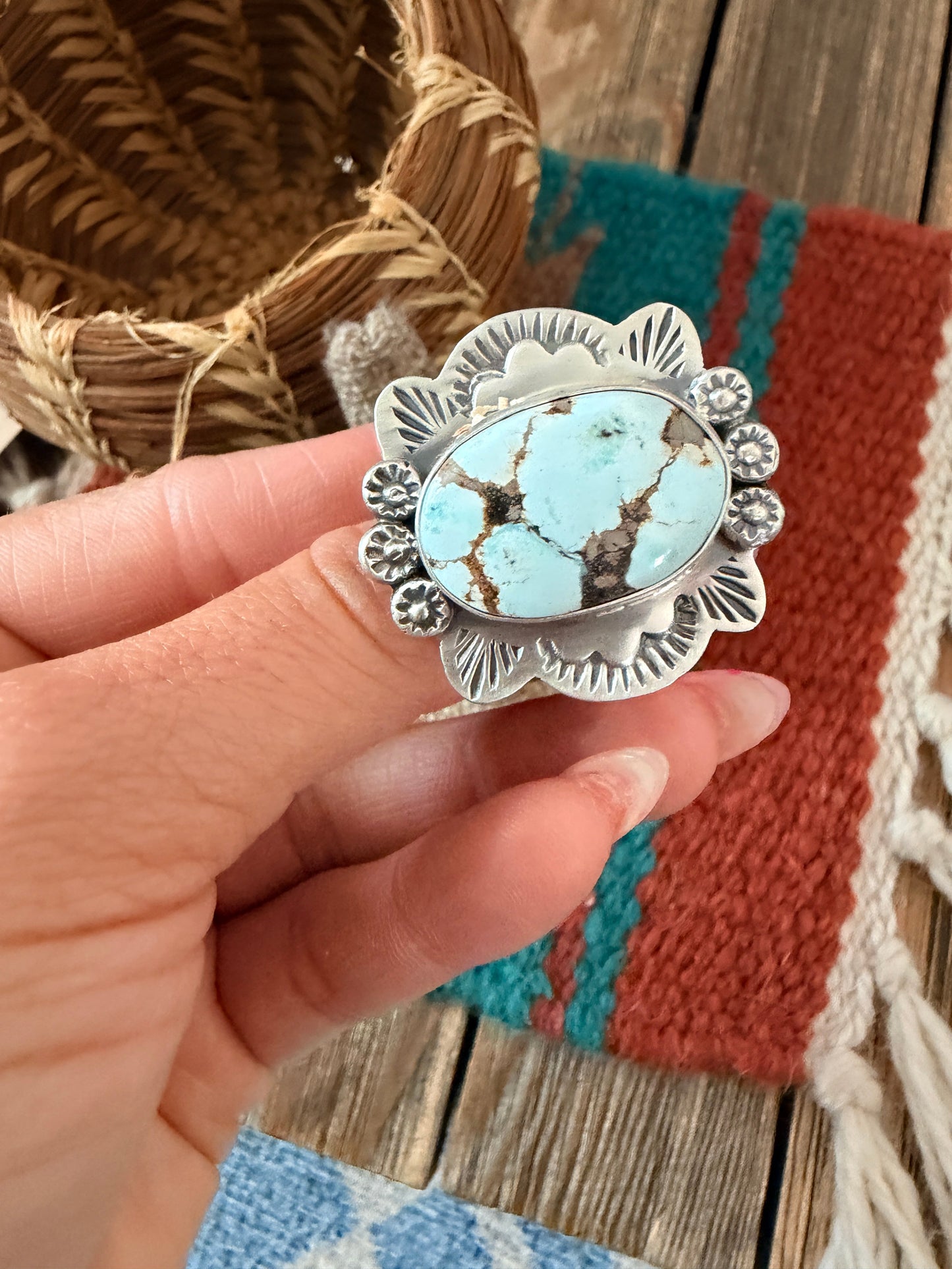 Handcrafted Dry Creek Turquoise & Sterling Silver Adjustable Ring by Cordell Platero