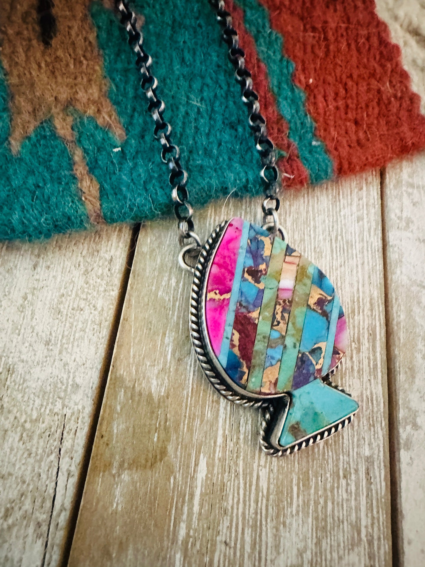 Handcrafted Sterling Silver & Multi Stone Inlay Spade Necklace