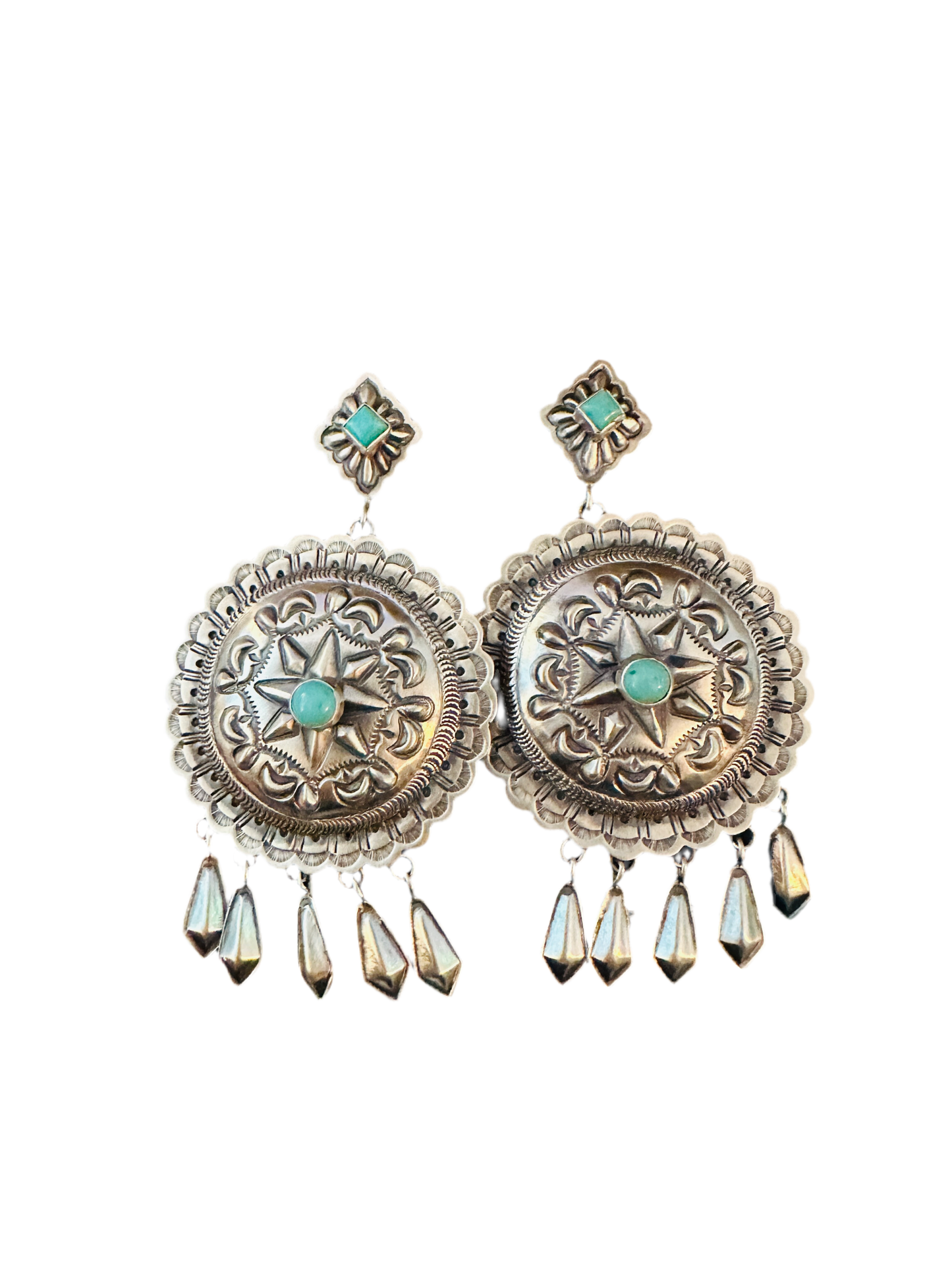 Handcrafted Turquoise & Sterling Silver Concho Dangle Earrings by Eugene Charley