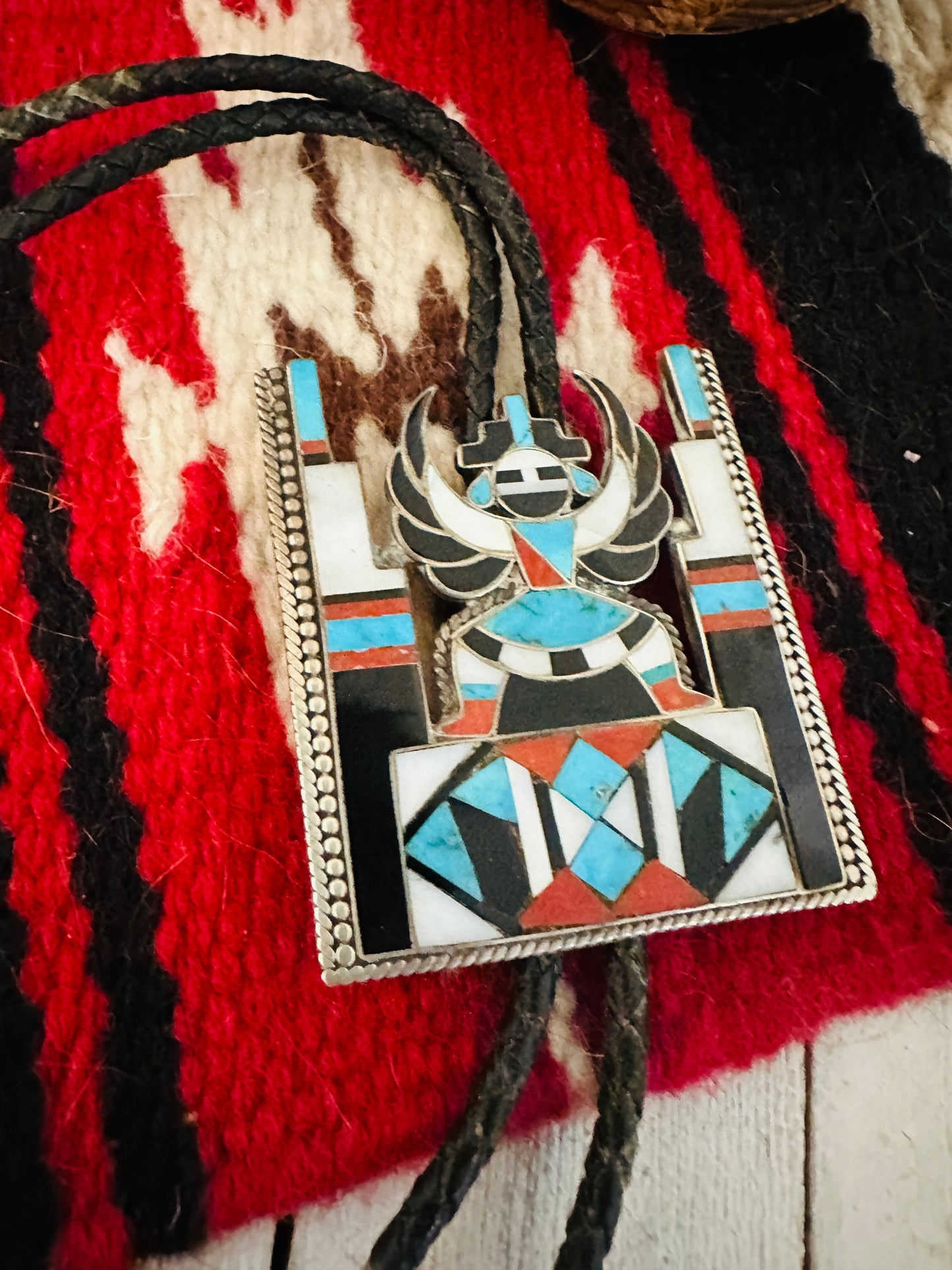 Vintage Old Pawn Handcrafted Multi Stone & Sterling Silver Inlay Knifewing Bolo Tie
