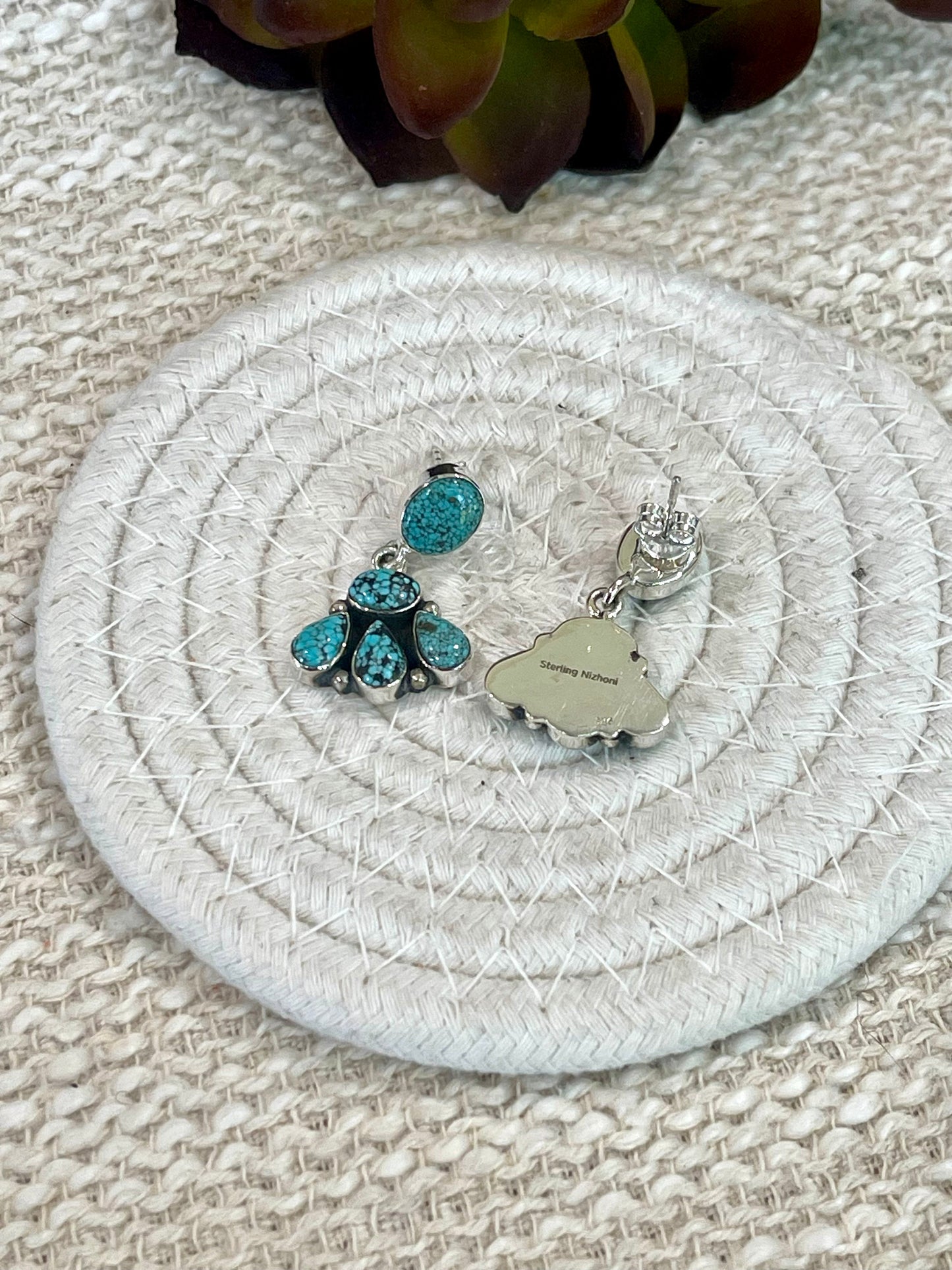 Handmade Sterling Silver Number 8 Turquoise Post Dangle Earrings with Signed Nizhoni