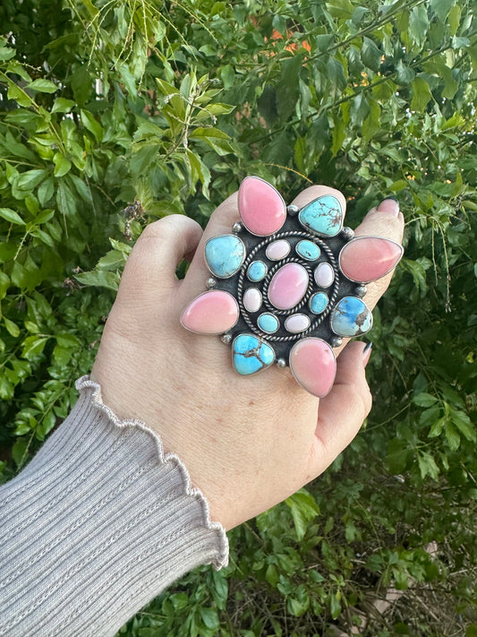 Handcrafted Golden Hills Turquoise, Pink Conch, and Sterling Silver Adjustable Ring Signed
