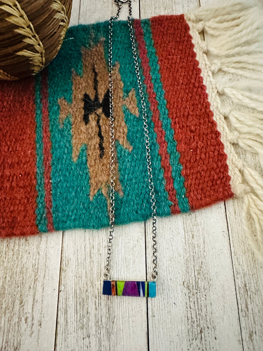 Handcrafted Multi Stone & Sterling Silver Inlay Bar Necklace