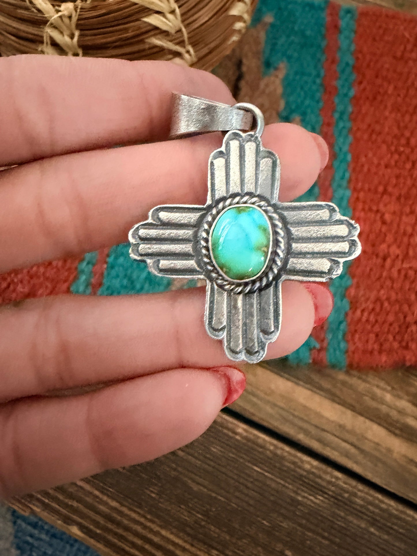 Handcrafted Sterling Silver & Sonoran Mountain Turquoise Zia Cross Pendant by Kevin Billah