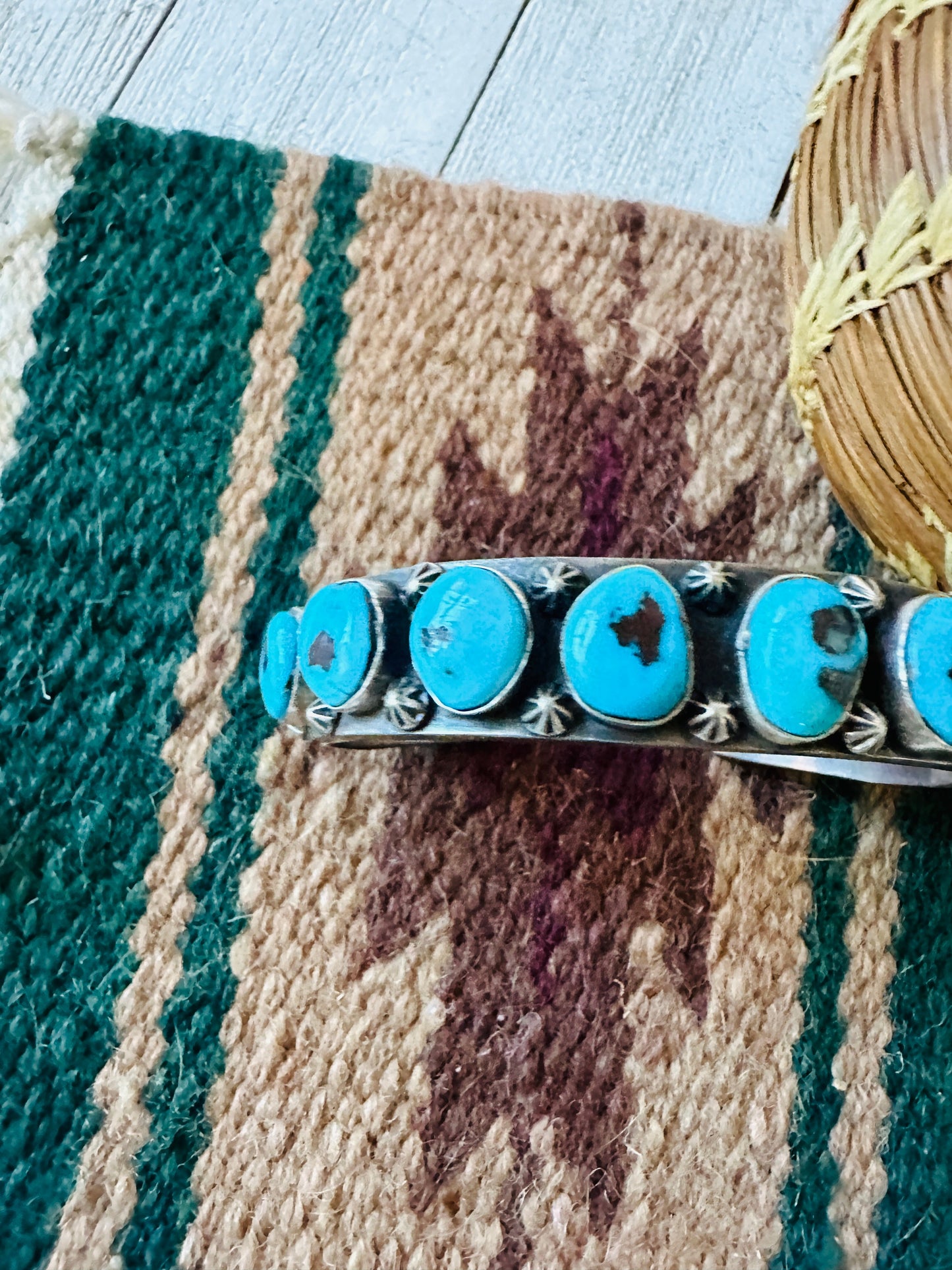 Old Pawn Handcrafted Sterling Silver & Sleeping Beauty Turquoise Cuff Bracelet /